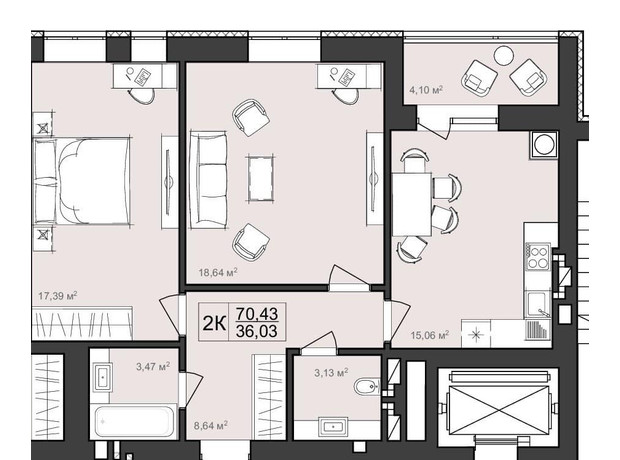 ЖК Harmony Garden: планировка 2-комнатной квартиры 70.43 м²