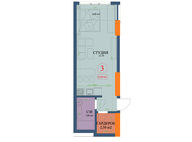 ЖК Куликівський: планування 1-кімнатної квартири 32 м²