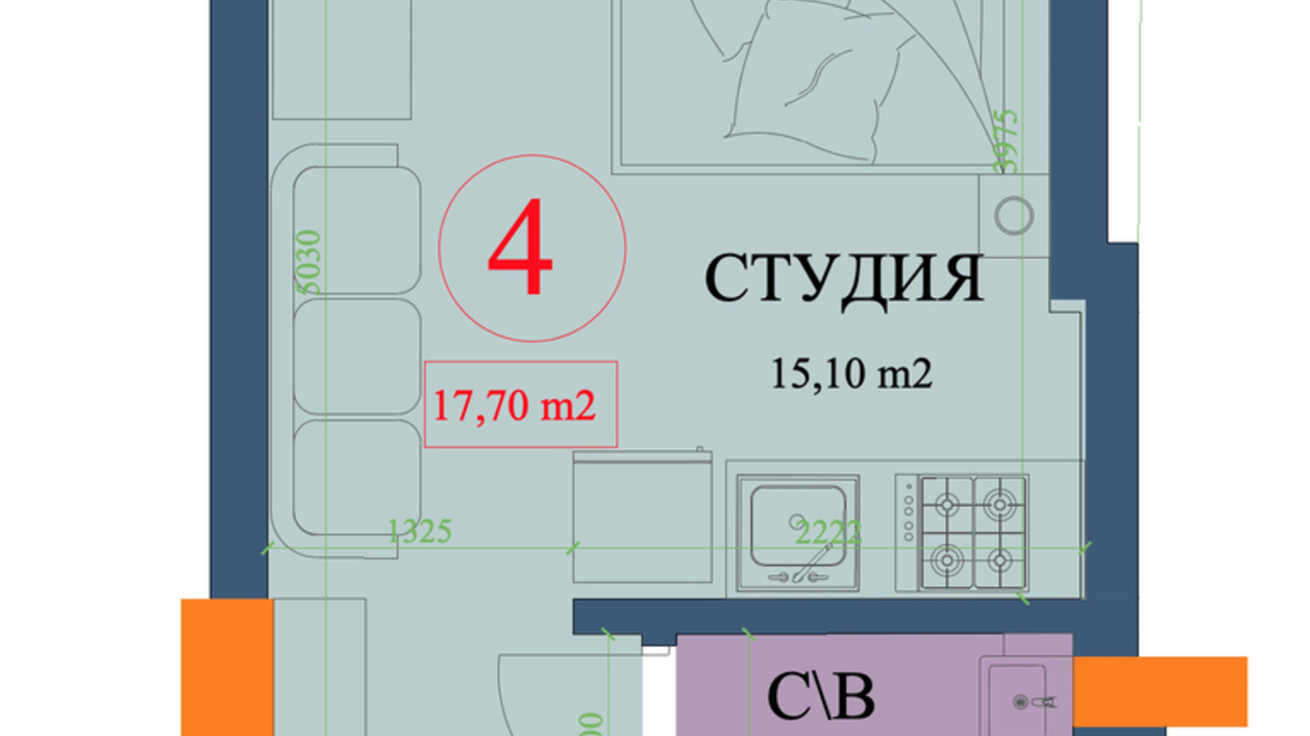 Планировка квартиры студии в ЖК Куликовский 17.7 м², фото 320562