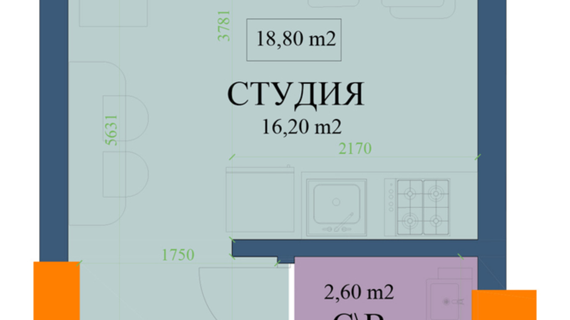 Планировка квартиры студии в ЖК Куликовский 18.8 м², фото 320563