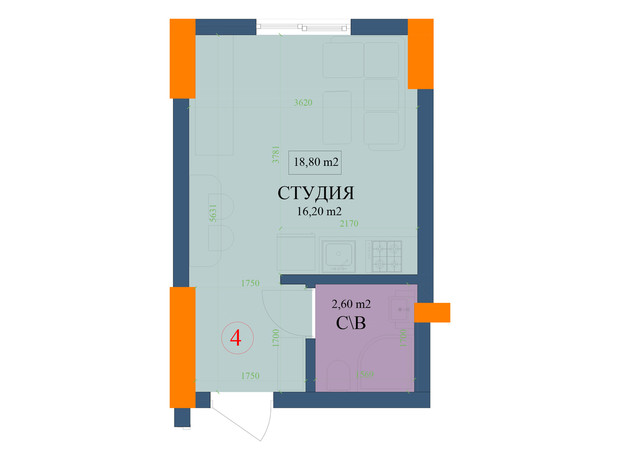 ЖК Куликовский: планировка 1-комнатной квартиры 18.8 м²