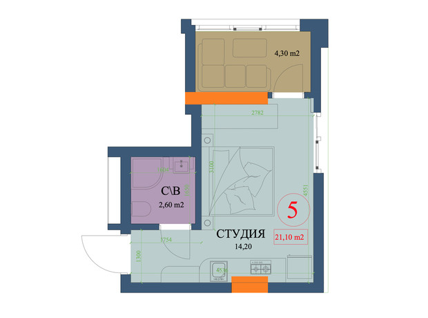 ЖК Куликовский: планировка 1-комнатной квартиры 22.1 м²