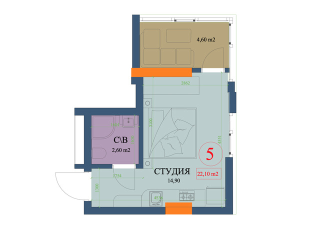 ЖК Куликівський: планування 1-кімнатної квартири 22.1 м²