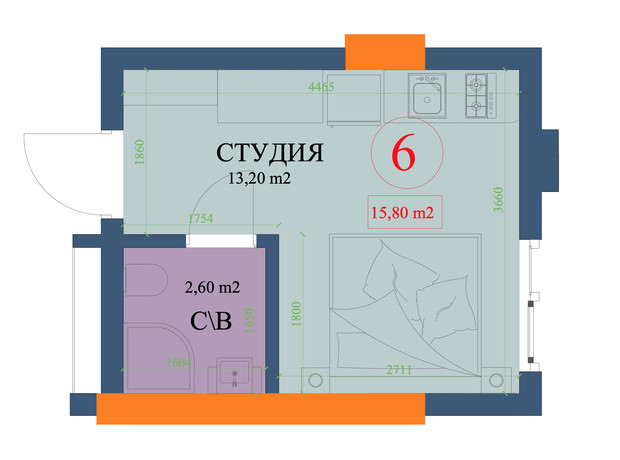 ЖК Куликовский: планировка 1-комнатной квартиры 16.1 м²