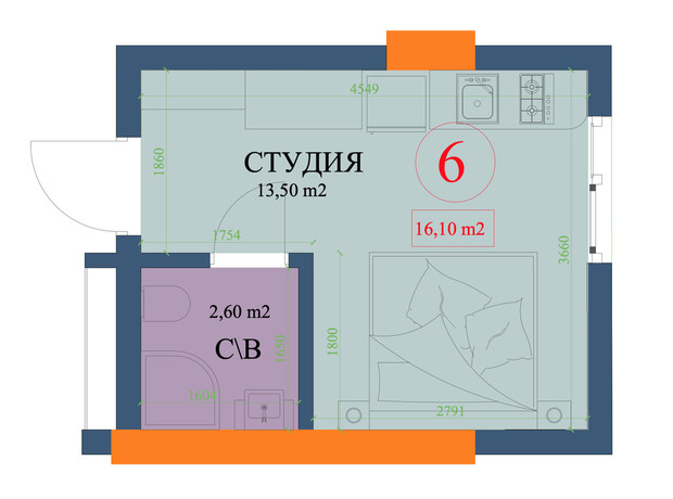 ЖК Куликівський: планування 1-кімнатної квартири 16.1 м²