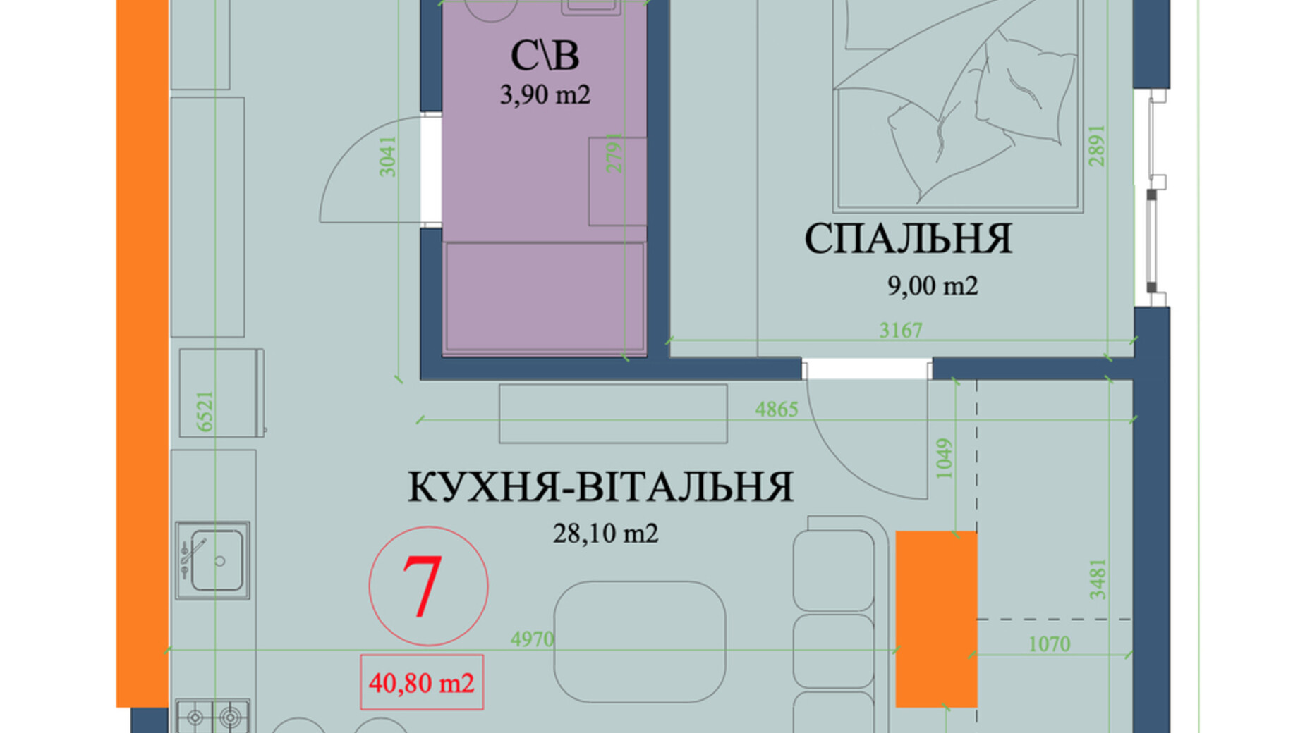 Планировка 2-комнатной квартиры в ЖК Куликовский 40.2 м², фото 320568