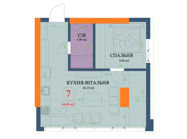 ЖК Куликовский: планировка 2-комнатной квартиры 40.2 м²