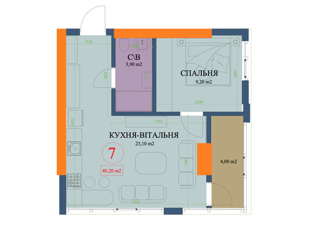 ЖК Куликовский: планировка 2-комнатной квартиры 40.2 м²