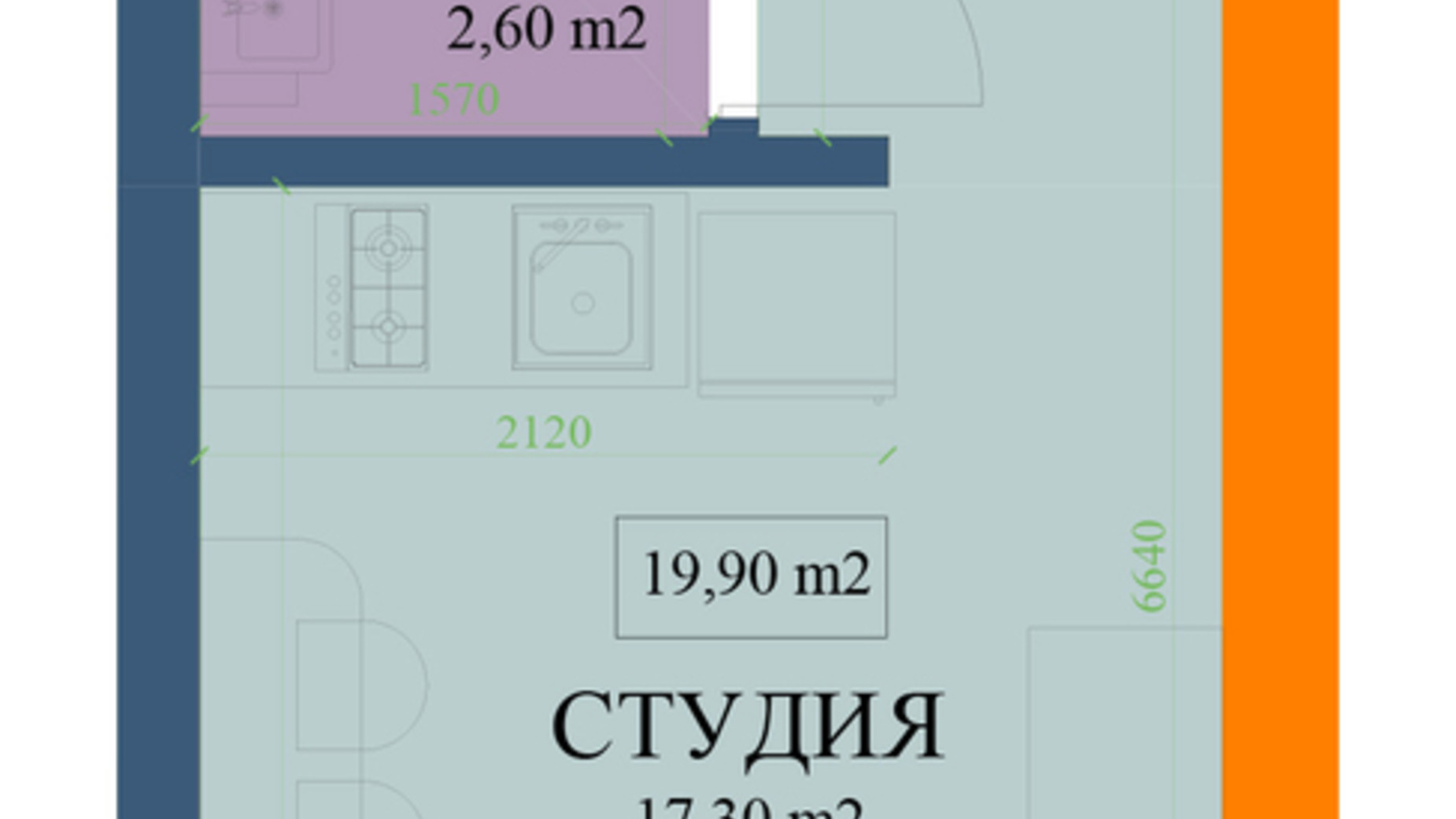 Планировка квартиры студии в ЖК Куликовский 19.9 м², фото 320570