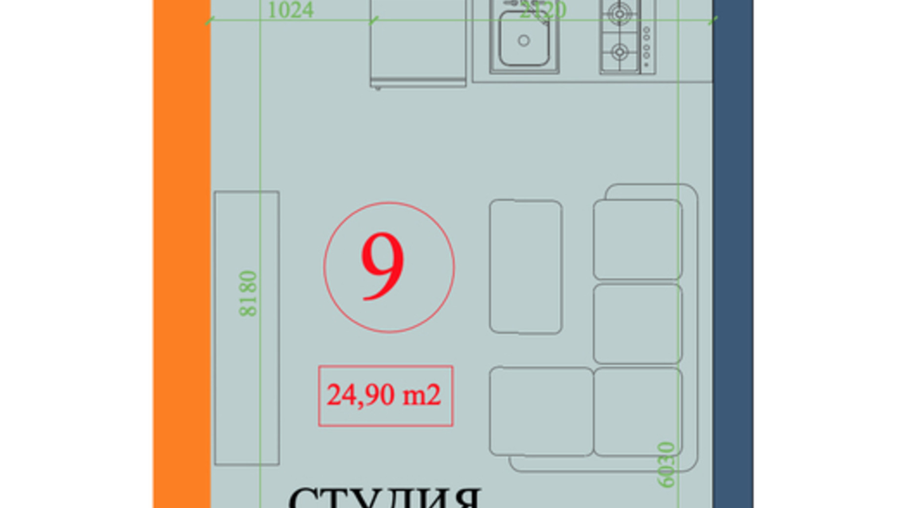 Планировка квартиры студии в ЖК Куликовский 24.9 м², фото 320573