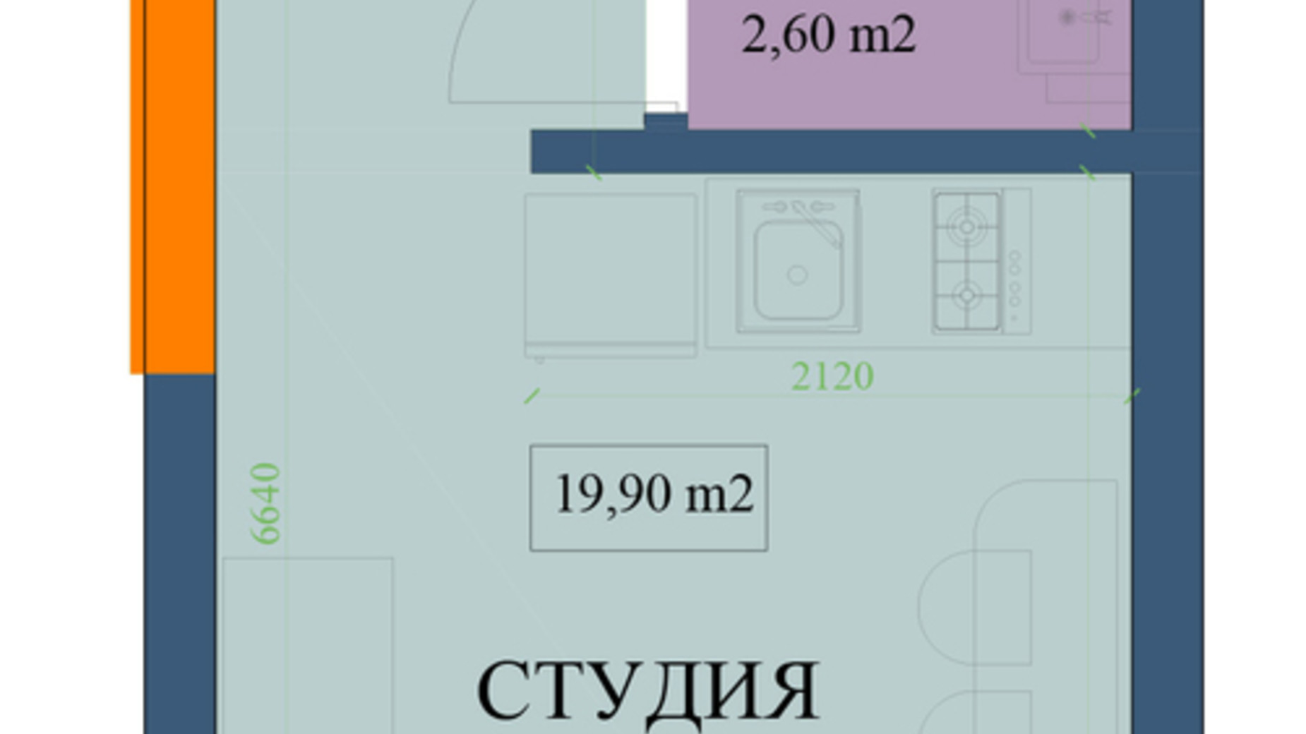 Планировка квартиры студии в ЖК Куликовский 19.9 м², фото 320578