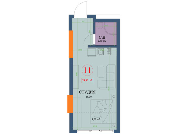 ЖК Куликівський: планування 1-кімнатної квартири 24.9 м²