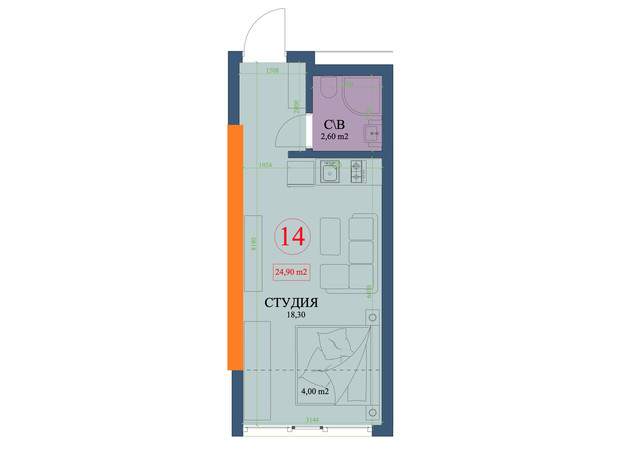 ЖК Куликівський: планування 1-кімнатної квартири 24.9 м²