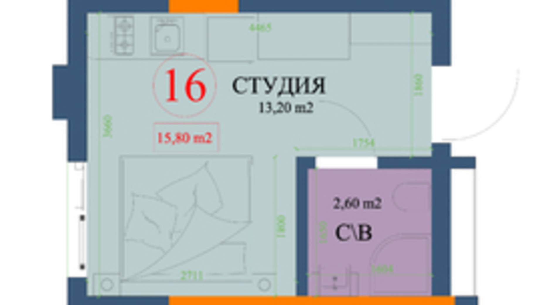 Планування квартири студії в ЖК Куликівський 16.1 м², фото 320583