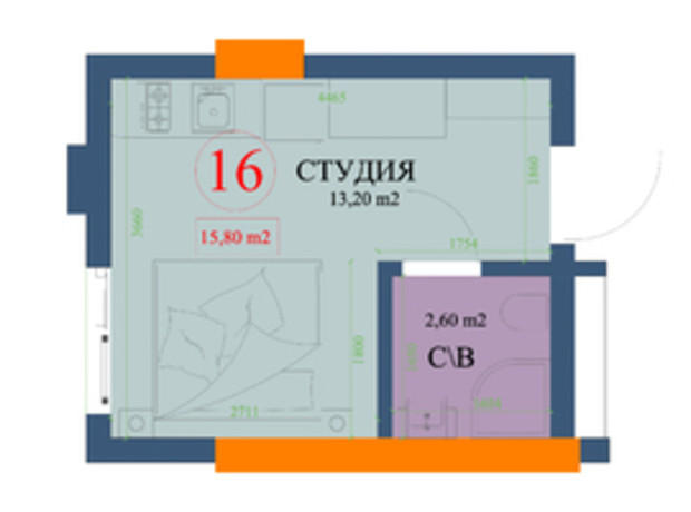 ЖК Куликовский: планировка 1-комнатной квартиры 16.1 м²