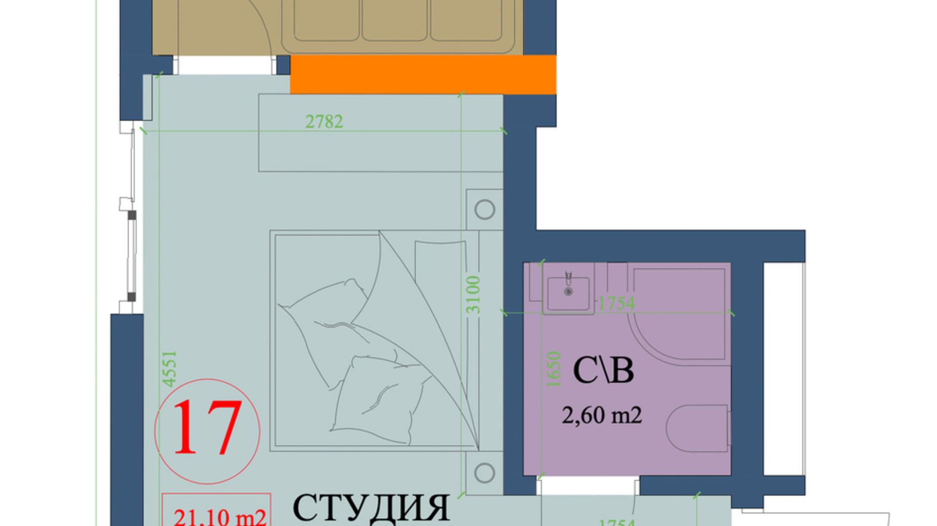 Планировка квартиры студии в ЖК Куликовский 21.1 м², фото 320584