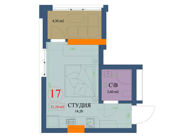 ЖК Куликовский: планировка 1-комнатной квартиры 21.1 м²