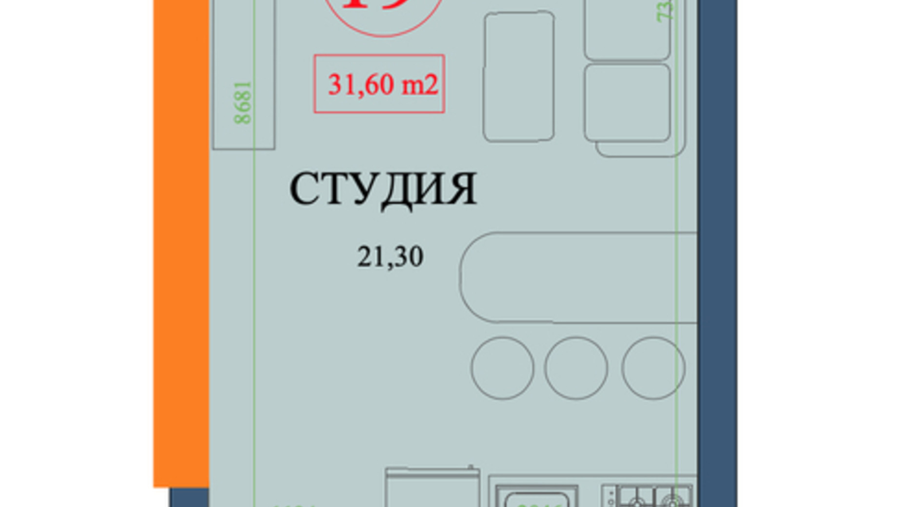 Планировка квартиры студии в ЖК Куликовский 31.6 м², фото 320587