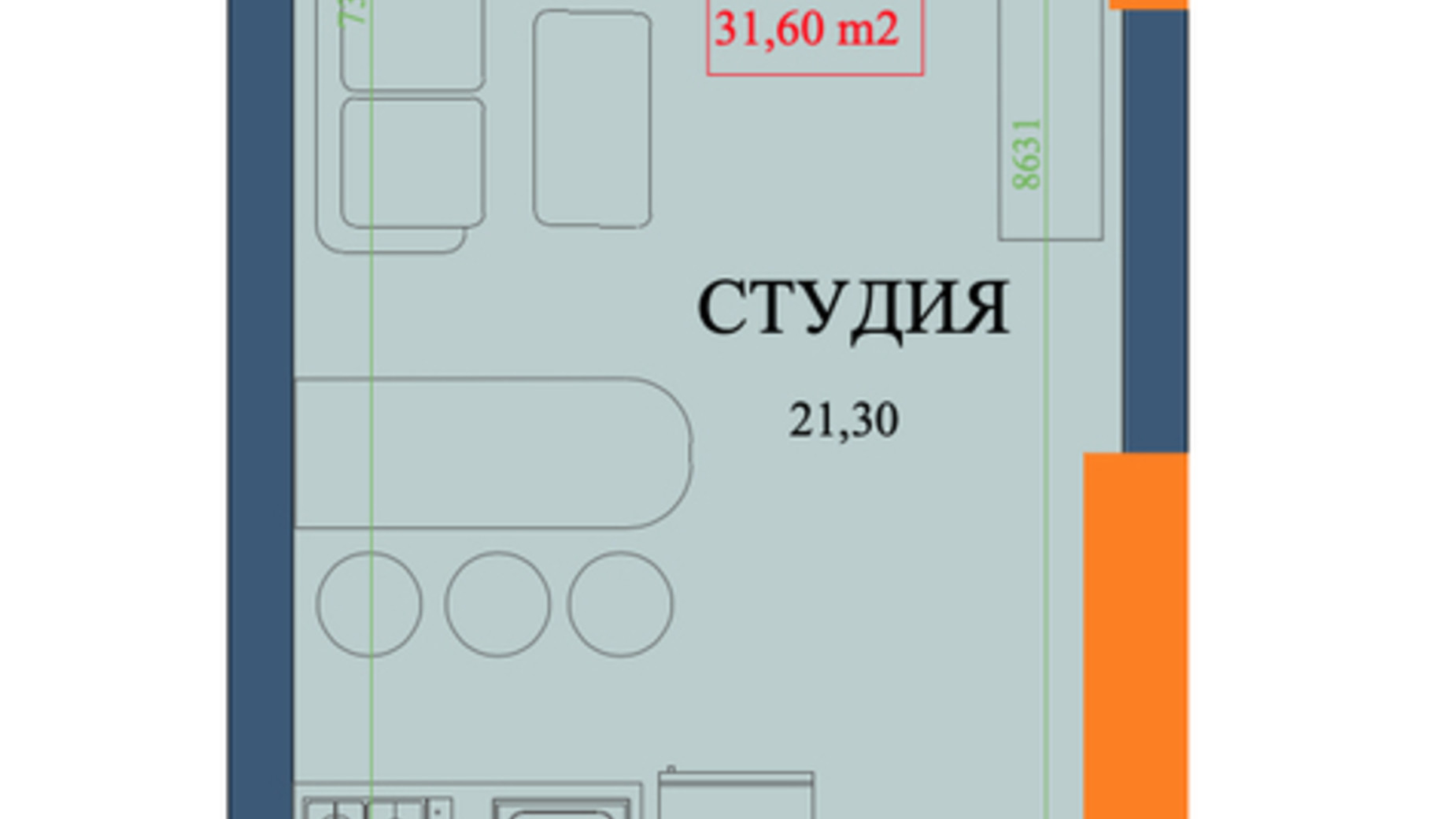 Планировка квартиры студии в ЖК Куликовский 31.6 м², фото 320589