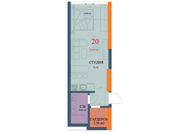 ЖК Куликовский: планировка 1-комнатной квартиры 31.6 м²