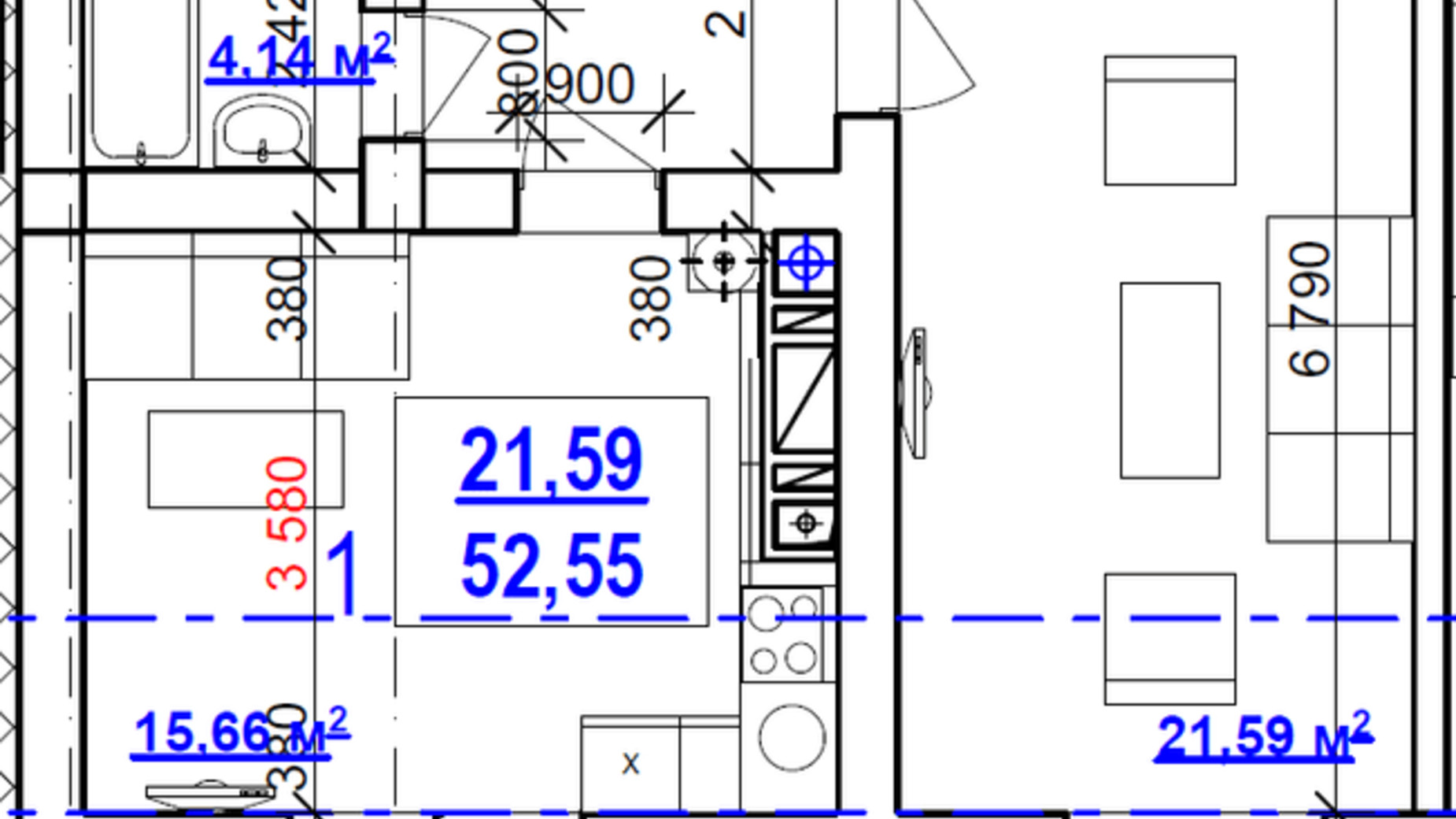 Планировка 1-комнатной квартиры в ЖК Дом на Сумской 52.55 м², фото 320694