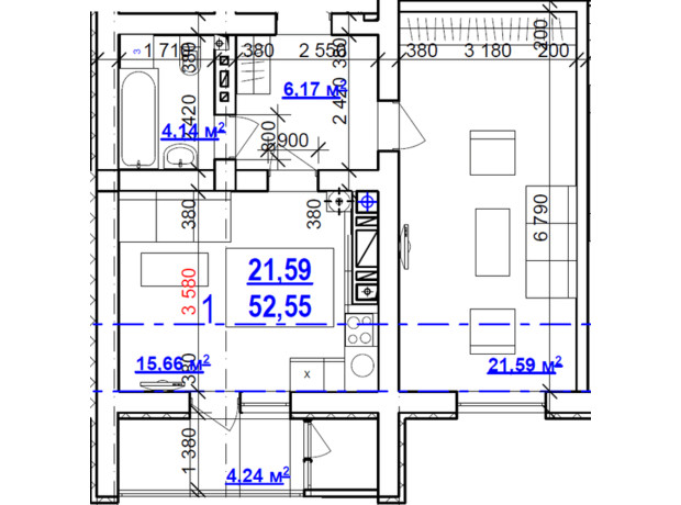 ЖК Будинок на Сумській: планування 1-кімнатної квартири 52.55 м²