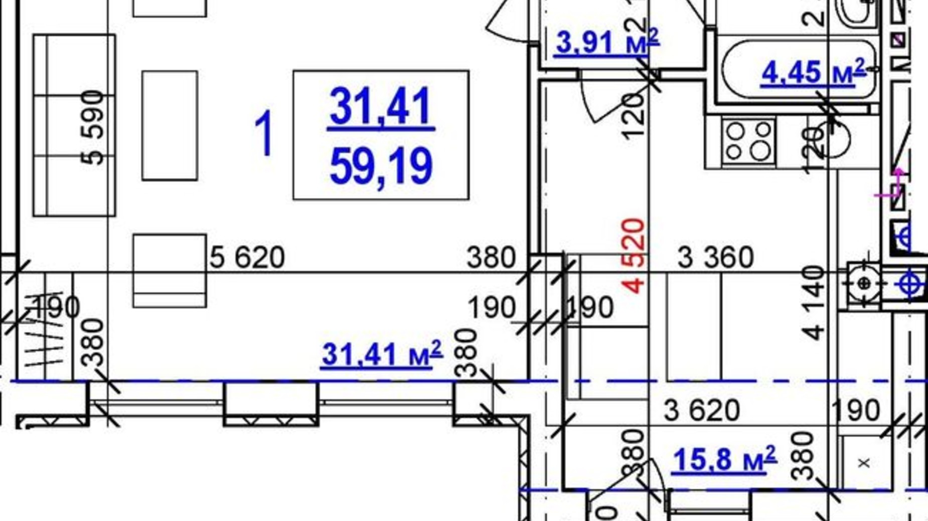 Планування 1-кімнатної квартири в ЖК Будинок на Сумській 59.19 м², фото 320696