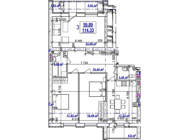 ЖК Будинок на Сумській: планування 3-кімнатної квартири 114.33 м²