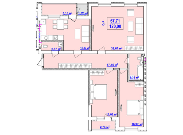 ЖК Дом на Сумской: планировка 3-комнатной квартиры 120 м²