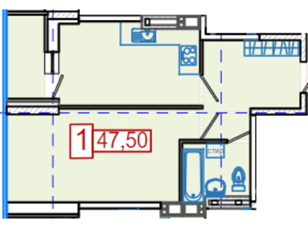 ЖК Немецкий проект на Холодной Горе: планировка 1-комнатной квартиры 47.5 м²