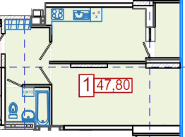 ЖК Немецкий проект на Холодной Горе: планировка 1-комнатной квартиры 47.8 м²