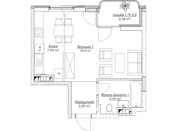 ЖК O2 Residence: планування 1-кімнатної квартири 36.52 м²