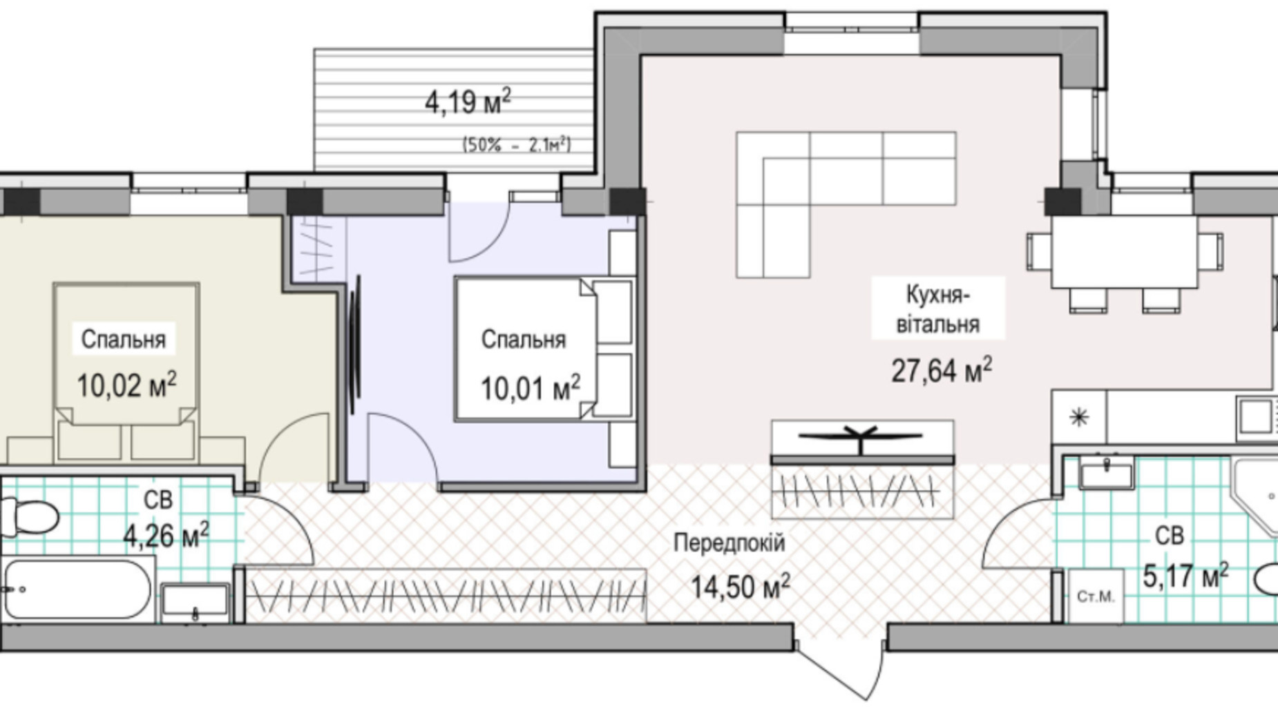 Планування 2-кімнатної квартири в ЖК Notting Hill 75.4 м², фото 320928