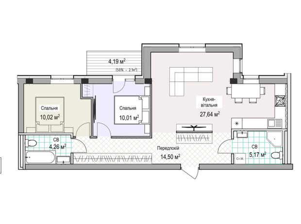 ЖК Notting Hill: планування 2-кімнатної квартири 75.4 м²