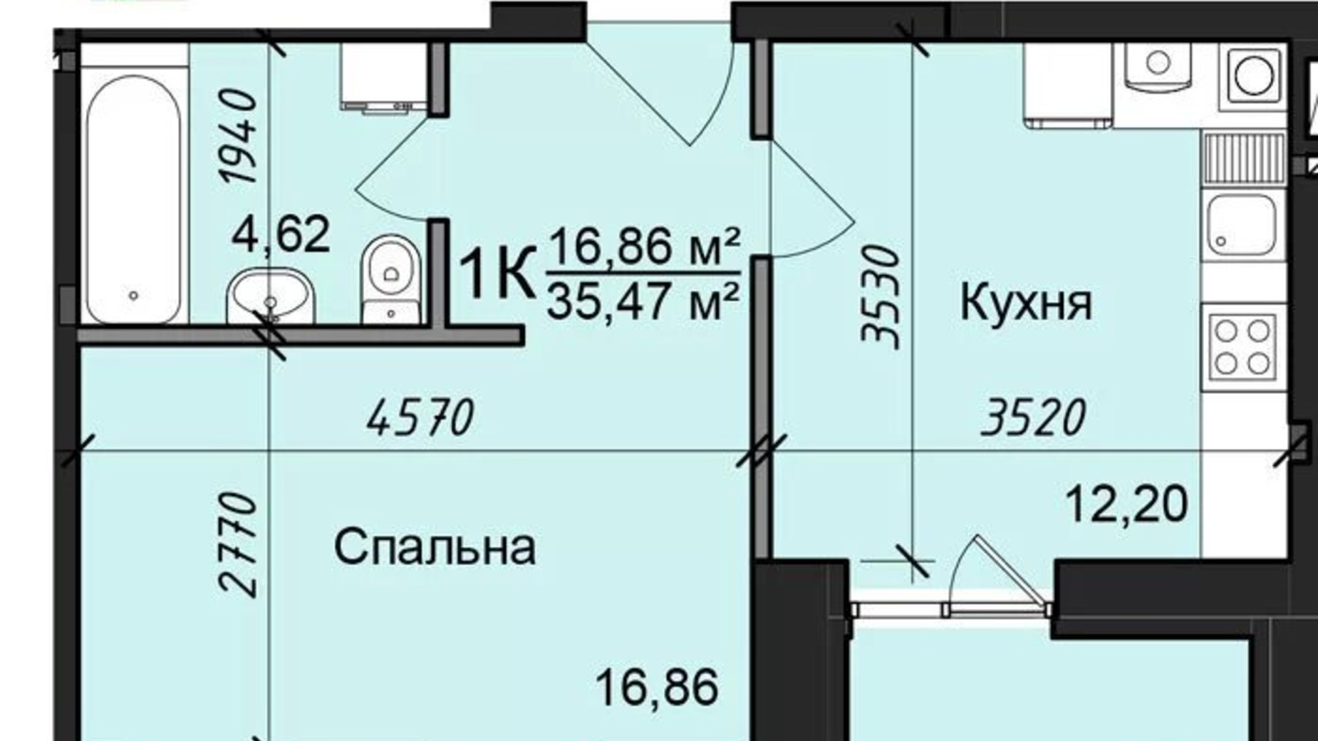 Планировка 1-комнатной квартиры в ЖК Жилой дом 2 35.47 м², фото 320966