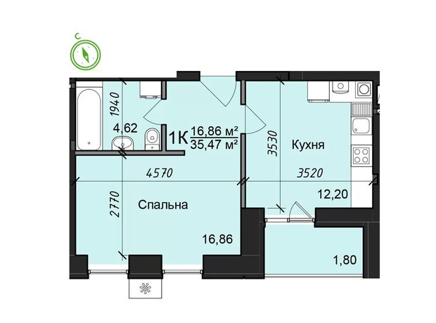 ЖК Житловий будинок 2: планування 1-кімнатної квартири 35.47 м²