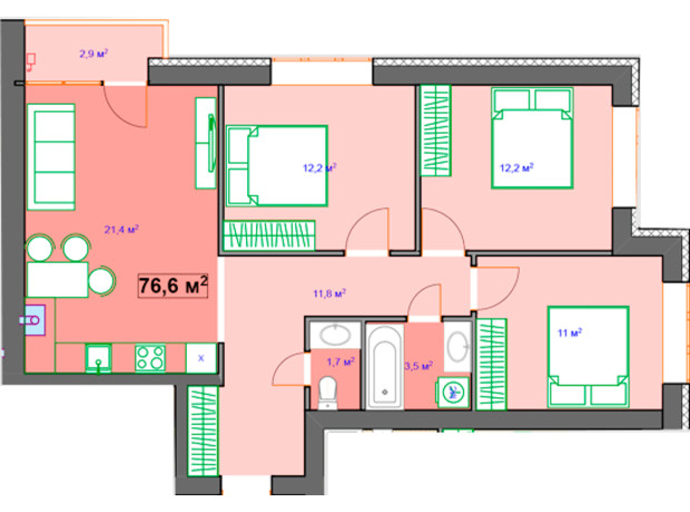 ЖК Author: планування 3-кімнатної квартири 76.6 м²