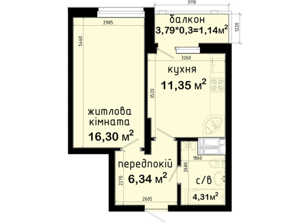 ЖК Авеню 42: планування 1-кімнатної квартири 39.44 м²