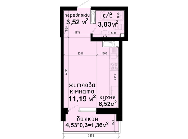 ЖК Авеню 42: планировка 1-комнатной квартиры 26.42 м²