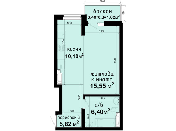 ЖК Авеню 42: планування 1-кімнатної квартири 38.97 м²