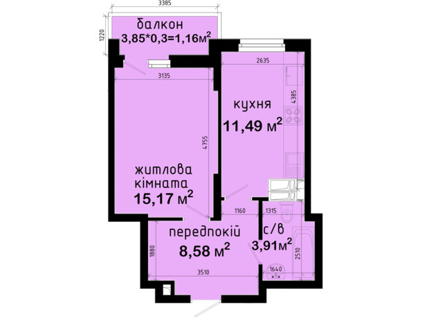 ЖК Авеню 42: планування 1-кімнатної квартири 40.31 м²