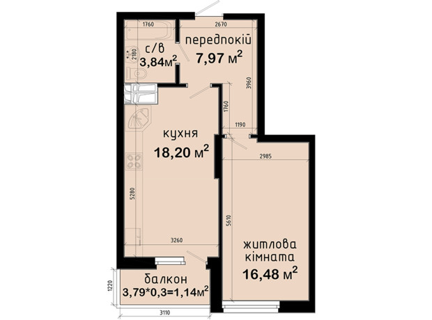 ЖК Авеню 42: планування 1-кімнатної квартири 47.63 м²