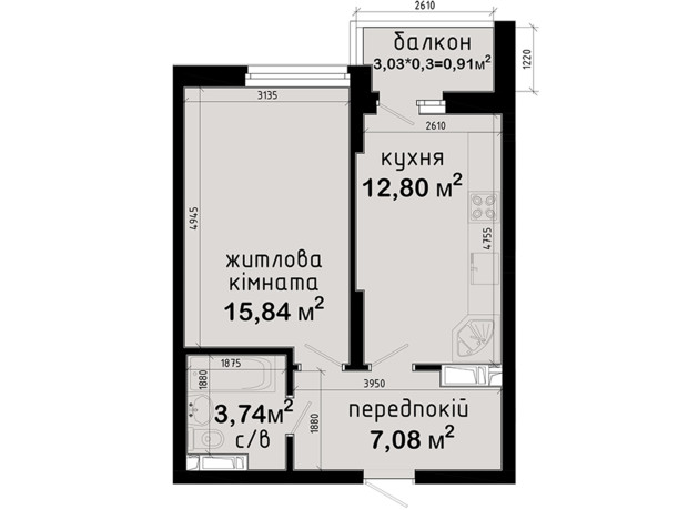 ЖК Авеню 42: планировка 1-комнатной квартиры 40.37 м²