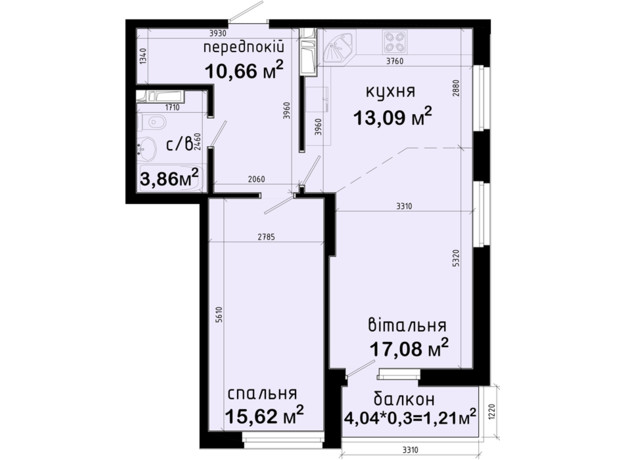 ЖК Авеню 42: планування 2-кімнатної квартири 61.52 м²