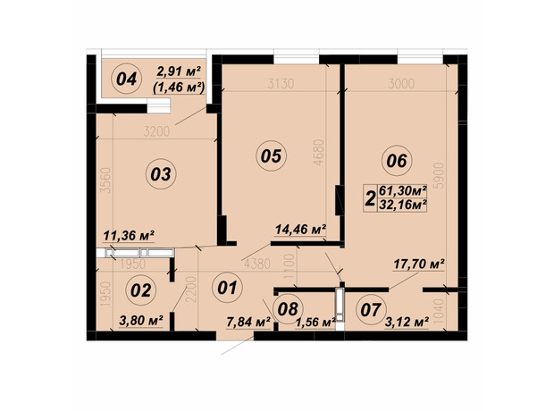 ЖК Verba: планировка 2-комнатной квартиры 61.3 м²