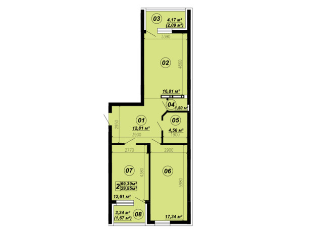 ЖК Verba: планировка 2-комнатной квартиры 69.39 м²