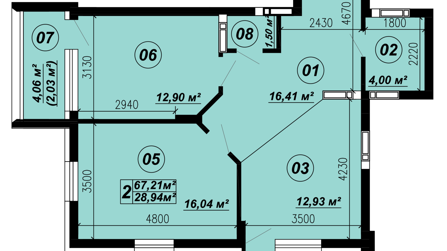 Планування 2-кімнатної квартири в ЖК Verba 67.21 м², фото 321066