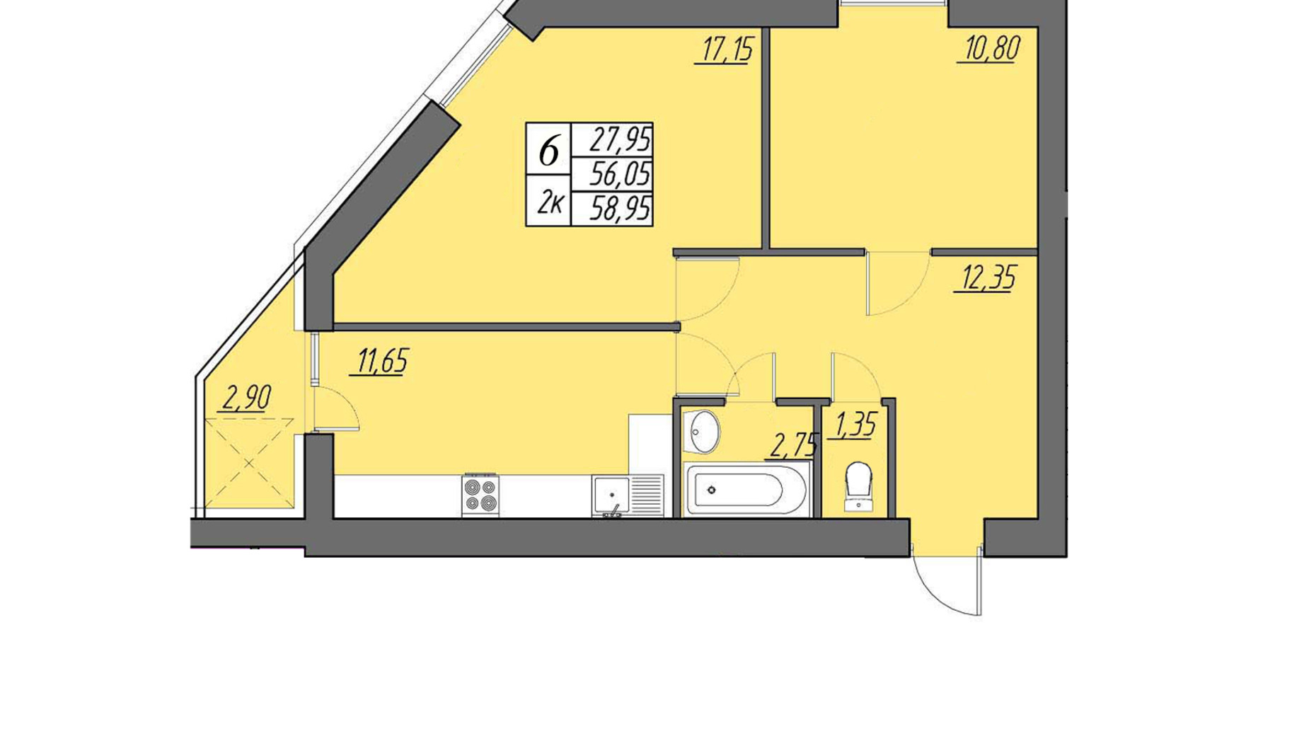 Планировка 1-комнатной квартиры в ЖК Best Village Байковцы 58.95 м², фото 321237