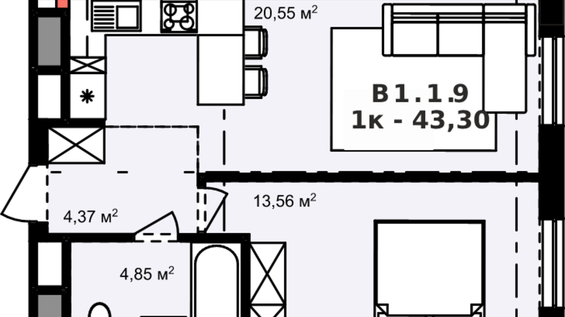 Планування апартаментів в Апарт-комплекс APART HALL 43.3 м², фото 321416