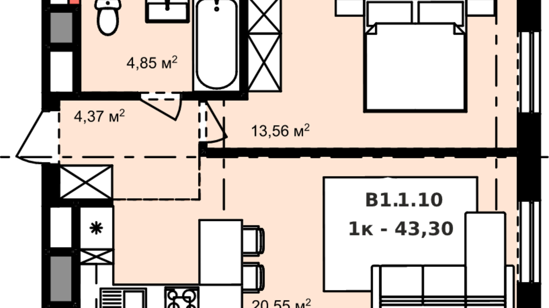 Планировка апартаментов в Апарт-комплекс Apart Hall 43.3 м², фото 321417